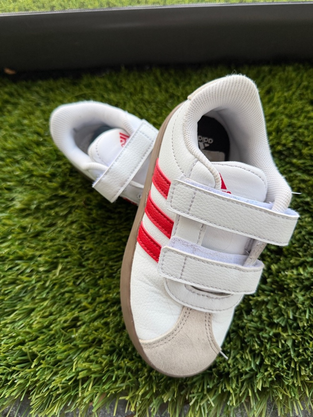 adidas Kids White Sneakers with Red Stripes and Gum Sole